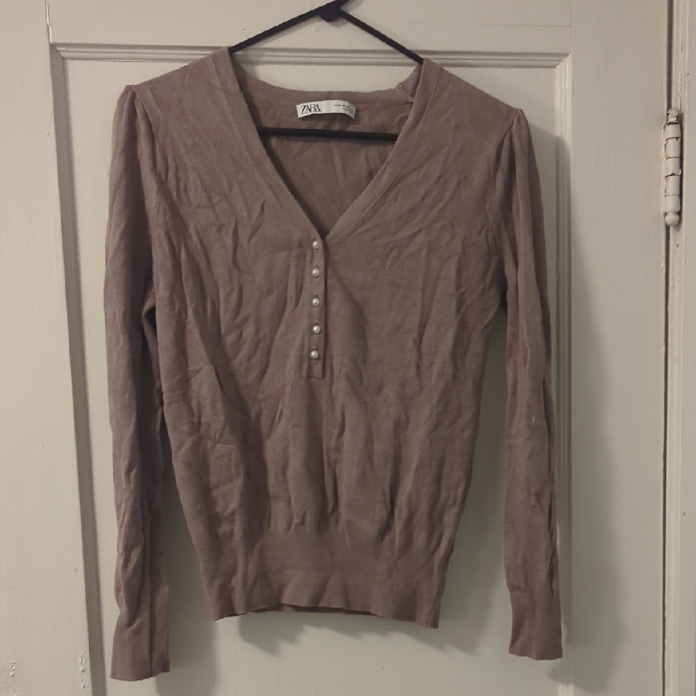 Zara Taupe V-Neck Sweater with Buttons
